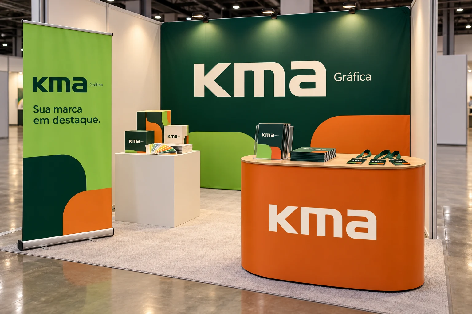 Aplicação ilustrativa da identidade KMA em banners e comunicação visual