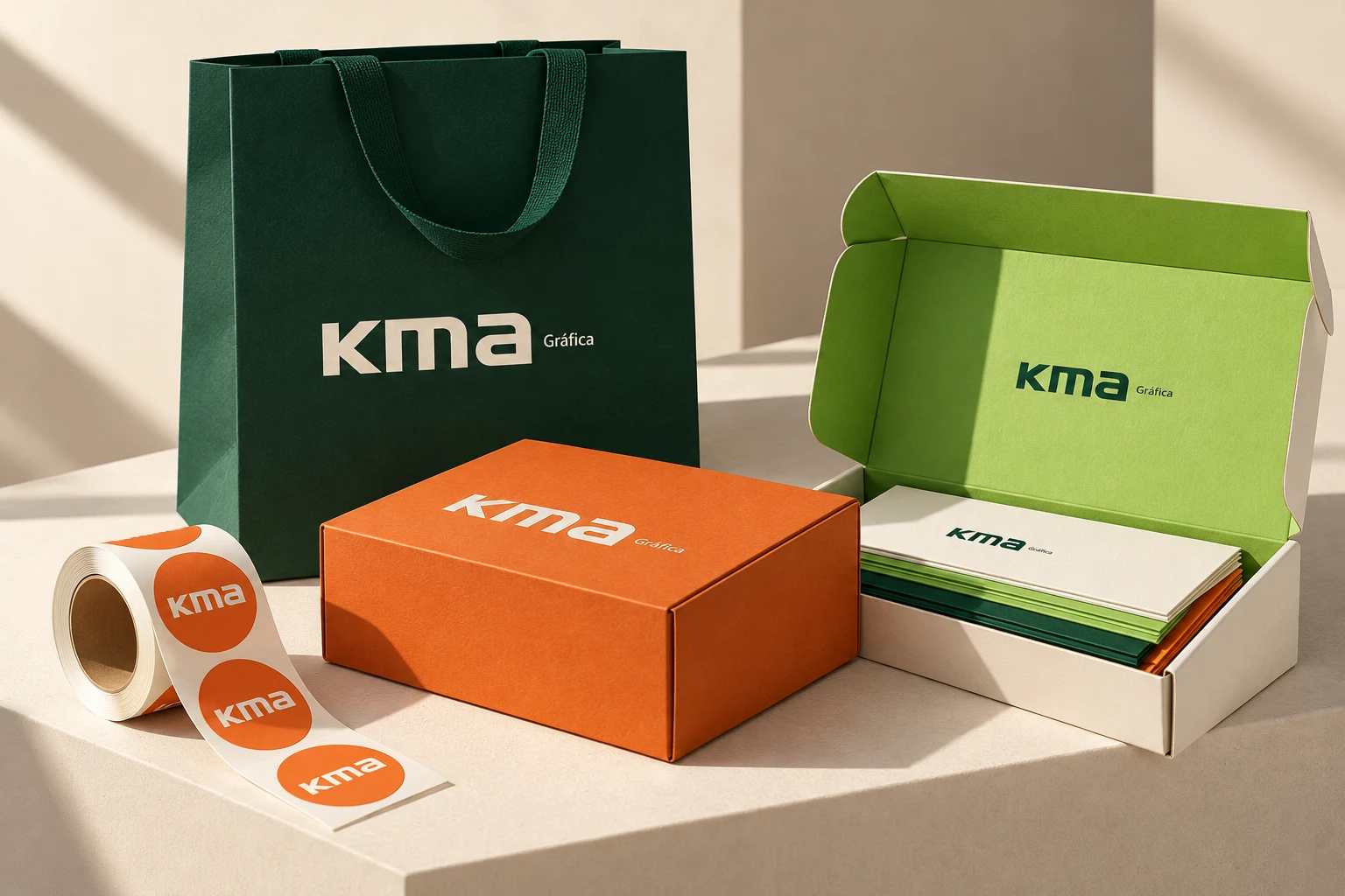 Aplicação ilustrativa da identidade KMA em adesivos, etiquetas e rótulos
